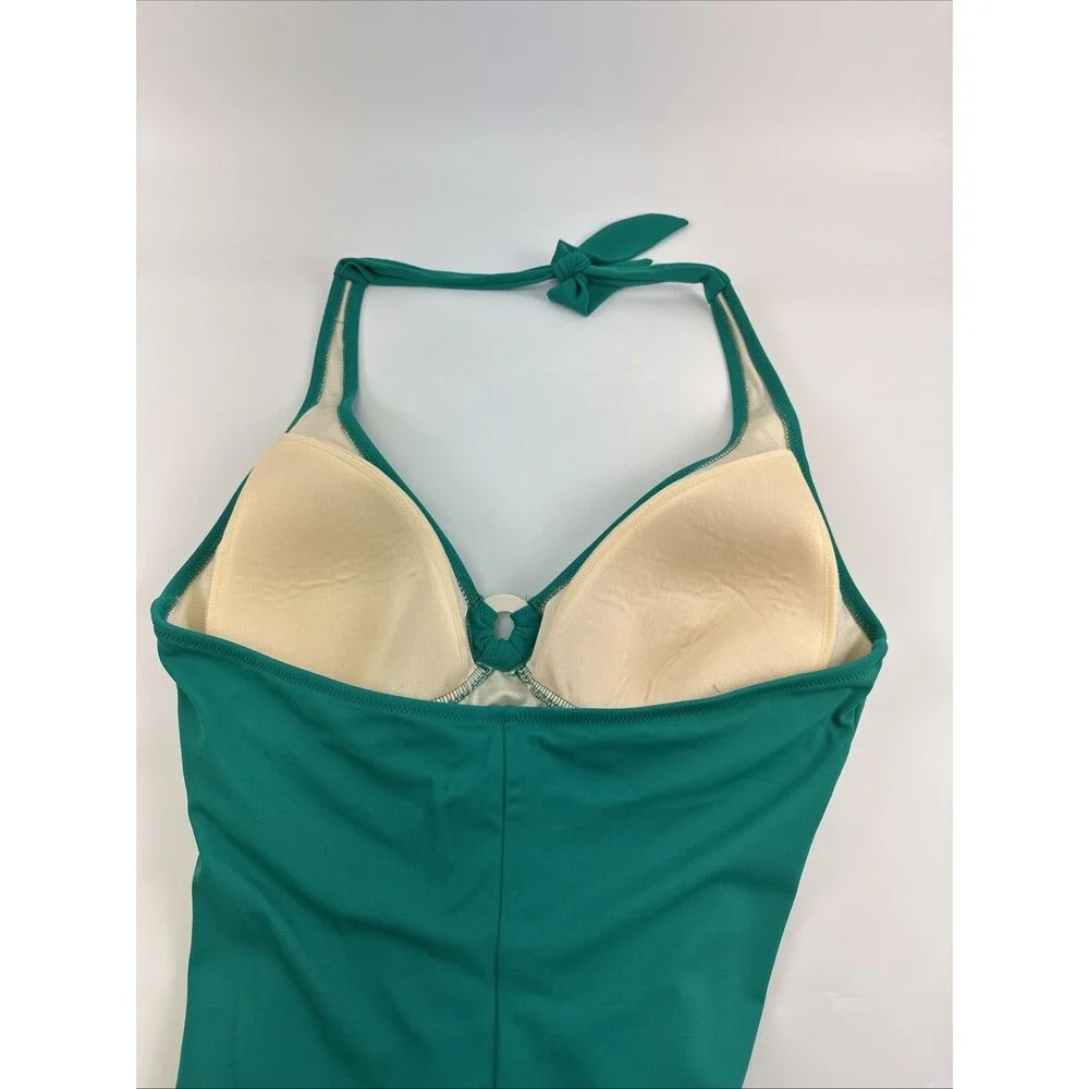Lands End One Piece Swimsuit Green Halter Tie Neck Ring‎ V-Neck Beach Plus 18